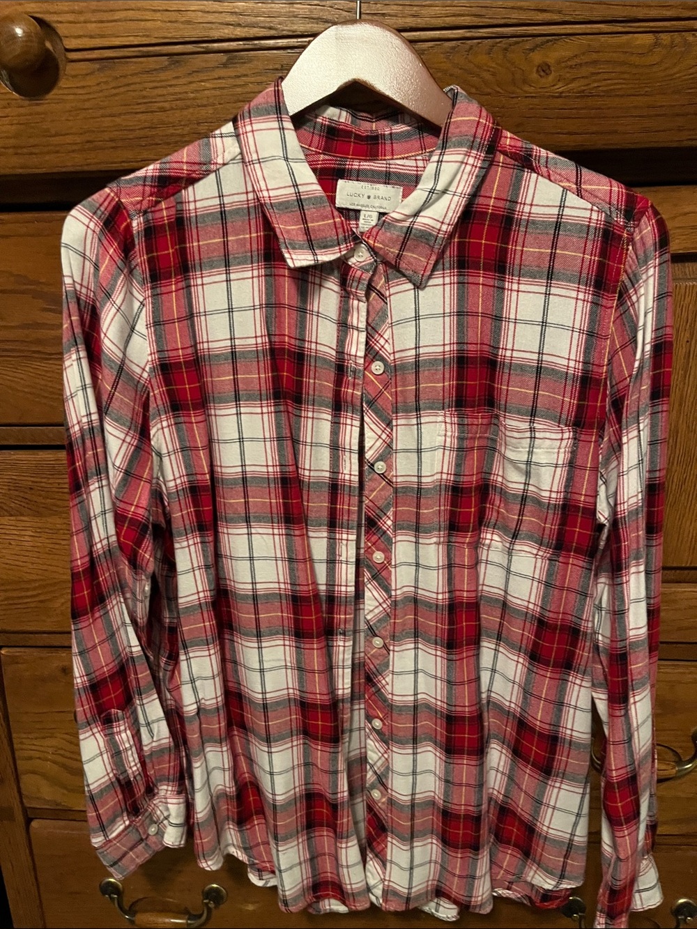 Lucky Brand cotton red plaid button down shirt size large